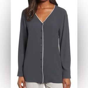 Eileen Fisher Gray Blouse with White Piping Relaxed Fit and Minimalist Design